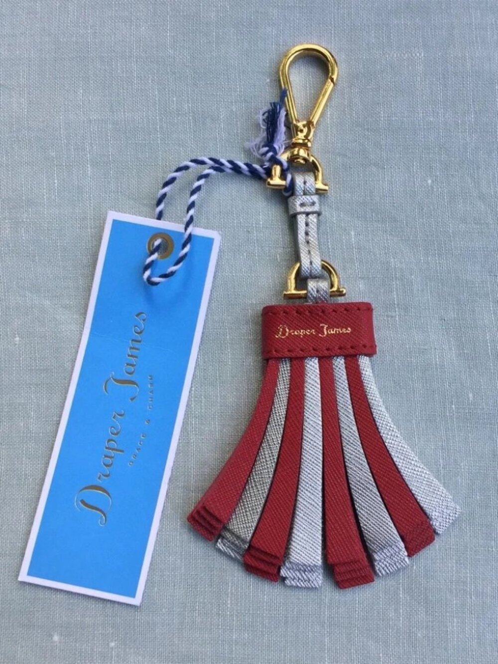 NWT Draper James silver & red leather pom pom key fob keychain
